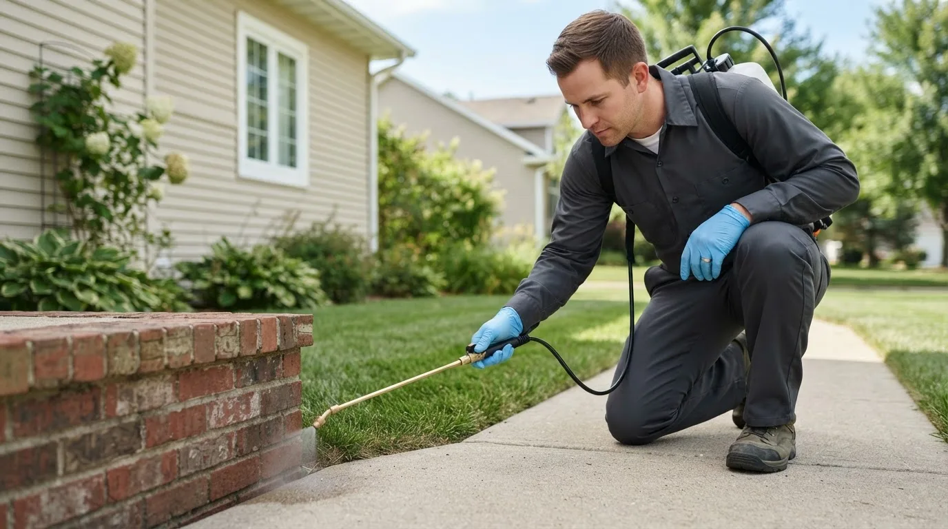 Pest control technician treating a home near Commerce, OK