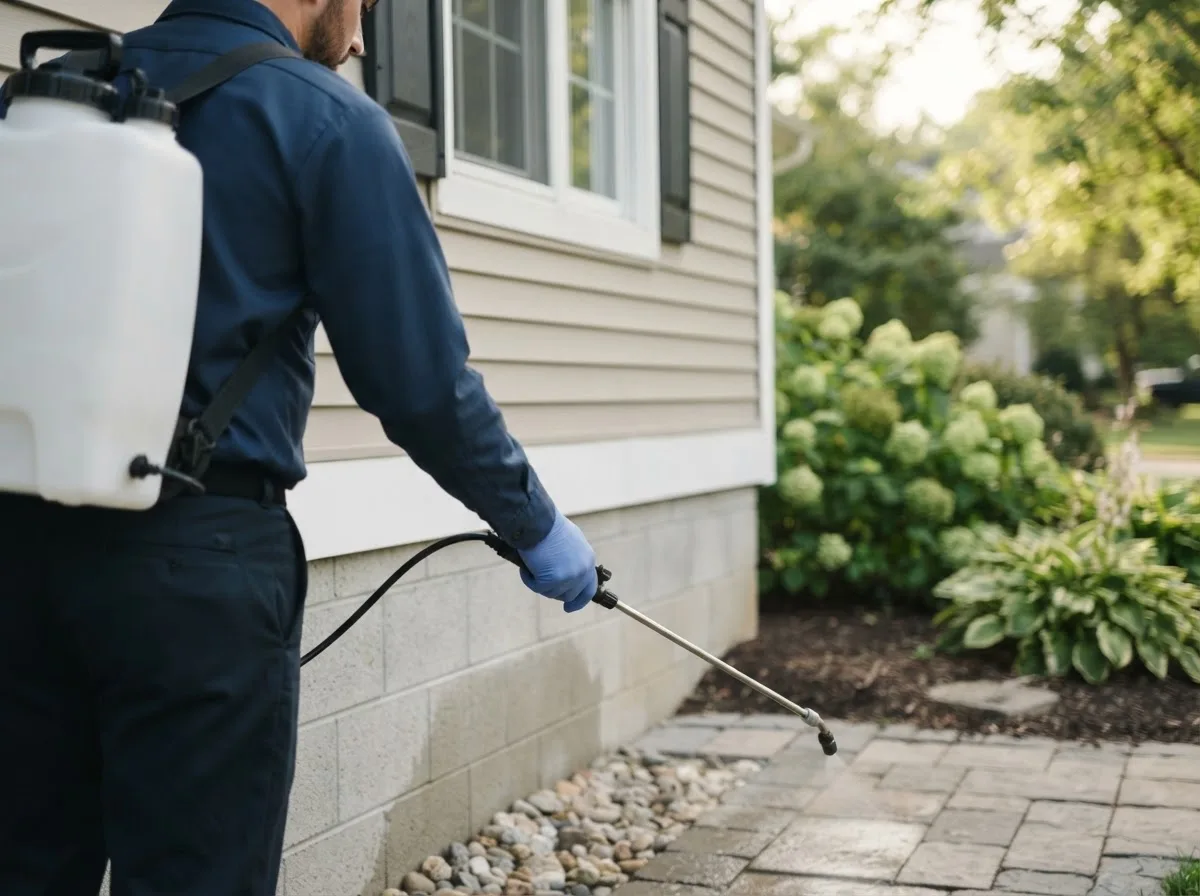 Pest control technician inspecting a home in Commerce, OK